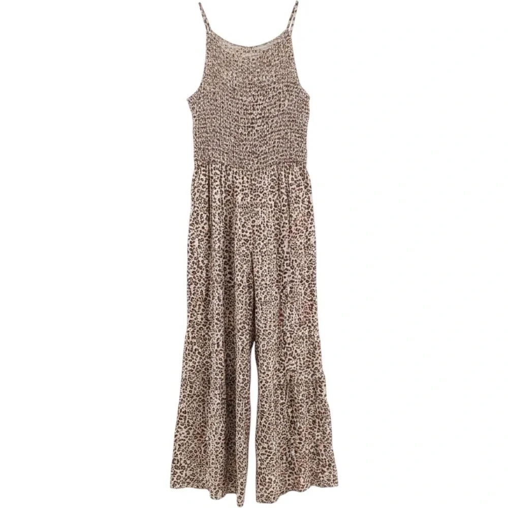 Japna Jumpsuit Leopard Print Smocked Small Brown Womens Boho Animal Print NWT